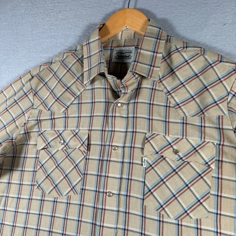 Levis Mens Vintage Western Pearl Snap Shirt Tan Plaid Long Sleeve Large WPL 423